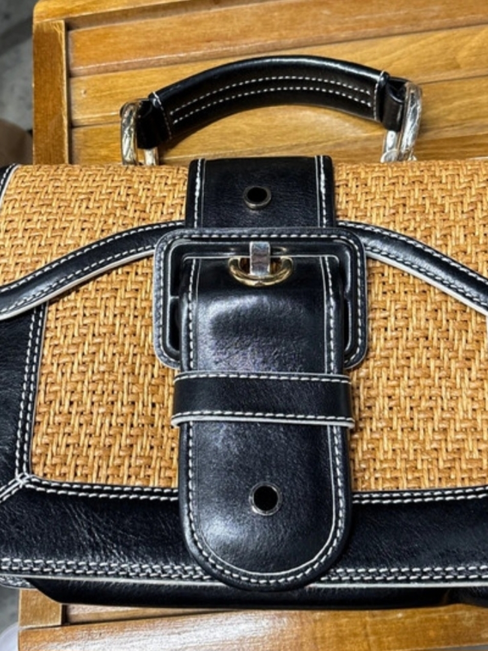 Maxx New York Black and Tan Woven Top-Handle Satchel
